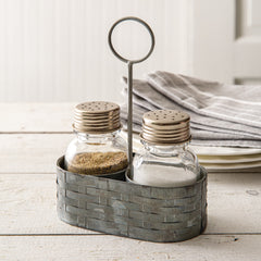 Galvanized Salt and Pepper Caddy with Salt and Pepper Shakers
