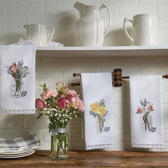 Farmhouse Mason Jar Yellow Daffodil Embroidered Dish Towel